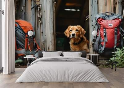 Eager Dog Ready to Embark on an Outdoor Adventure at the Entrance Wall mural