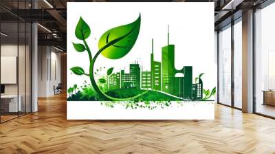 Eco-friendly building logo featuring an abstract leaf intertwined with urban skyline elements in a modern design vector Wall mural