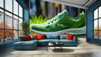 Eco-friendly footwear promoting sustainability with a focus on carbon emissions, greenery integration, and urban recycling initiatives Wall mural