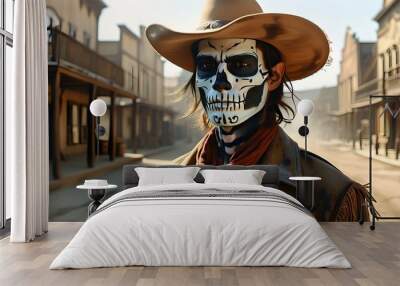 Eerie cowboy with skeletal face paint commands attention in sunlit, deserted Western town street Wall mural