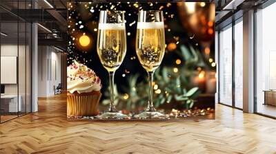 Elegant anniversary celebration featuring a sparkling champagne toast, colorful confetti, a personalized cake, and festive decorations for a joyful atmosphere Wall mural