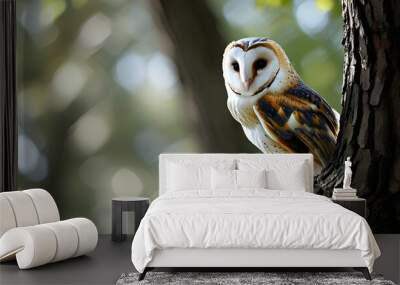 Elegant barn owl resting gracefully on a tree branch amidst a serene natural backdrop Wall mural