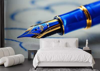 Elegant blue fountain pen nib elegantly gliding across crisp paper Wall mural