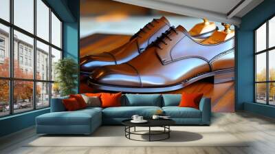 Elegant brown leather slip-on shoes for men in a classic design Wall mural