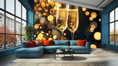 Elegant champagne flutes sparkling with golden bubbles against a dreamy bokeh backdrop for a luxurious Valentines Day celebration Wall mural