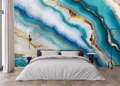 Elegant cyan and blue agate marble with delicate gold veins forming an abstract textured background Wall mural