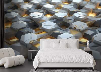 Elegant futuristic geometric mosaic of hexagons in luxurious white, gray, and gold hues Wall mural