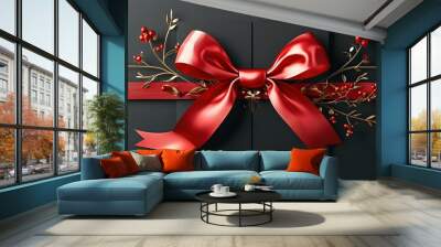 Elegant greeting card design featuring red bows and intricate ribbon embellishments Wall mural