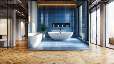 Elegant Modern Bathroom with Freestanding Tub and Bright Blue Tiles Illuminated by Natural Light Wall mural