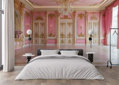 Elegant pink and gold ballroom with intricate decor and luxurious details Wall mural