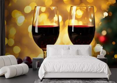 Elegant red wine with fresh grapes amidst a shimmering golden bokeh, perfect for anniversary celebrations and holiday moments. Wall mural