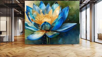 Elegant Teal and Gold Watercolor Lotus Artwork Wall mural