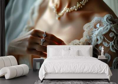 Elegant wedding dress and ring showcase perfect bridal fashion and beauty in stunning close-up details Wall mural