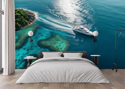 Elegant yacht navigating turquoise waters by vibrant coral reefs, capturing the essence of summer travel and luxury exploration from above Wall mural