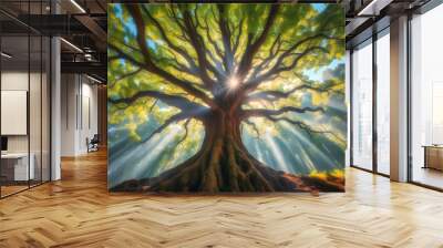 Enchanted oak tree bathed in sun rays, evoking vintage charm and serene contemplation amid vibrant springtime forest beauty Wall mural