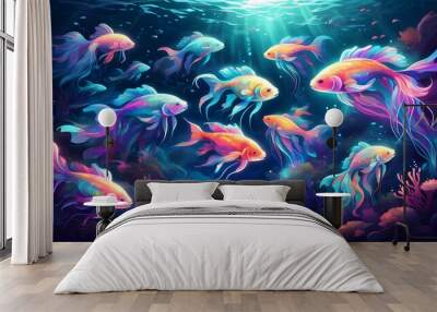 Enchanted Underwater Realm of Bioluminescent Jellyfish, Iridescent Fish, and Mythical Creatures in Vibrant Vector Art Wall mural