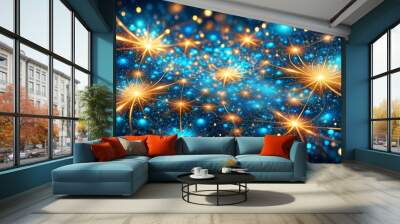 Enchanting abstract texture of shimmering gold and blue sparks in a captivating fantasy fractal design Wall mural