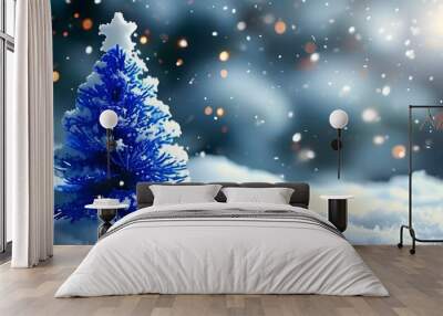 Enchanting blue Christmas tree amidst a serene snowy landscape for a festive card Wall mural