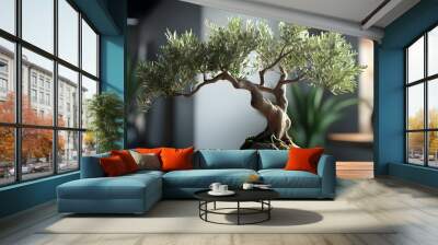 Enchanting indoor scene featuring a mini olive tree captured from a low angle, highlighting natural beauty enhanced by advanced AI technology Wall mural