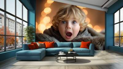 Enchanting moment of a child in awe, lying on a fluffy blanket surrounded by dreamy bokeh lights Wall mural