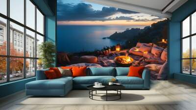 Enchanting outdoor movie night with breathtaking seascape under a twilight sky Wall mural