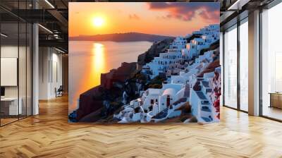 Enchanting sunset over Santorinis white Cycladic houses cascading towards the Aegean Sea Wall mural