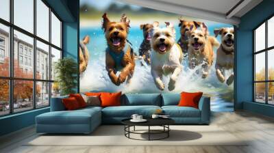 Energetic dogs frolic in the water, joyfully leaping along the beach with a stick Wall mural