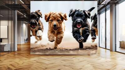 Energetic puppies leaping joyfully against a bright white backdrop, capturing the essence of playfulness and exuberance. Wall mural