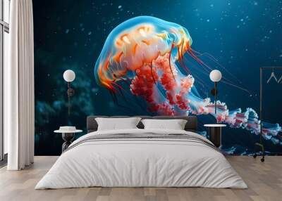 Ethereal jellyfish gracefully hovering in the deep ocean, tentacles glowing in vibrant reds and blues amid the enigmatic darkness of the water Wall mural