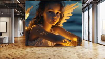 Ethereal young angel girl portrait illuminated by golden glow, seated on sandy beach under the night sky Wall mural