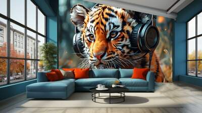 Euphoric Dreamscape: Adorable Baby Tiger in Headphones Surrounded by a Whimsical Collage of Vibrant Colors and Imaginative Illustrations Wall mural