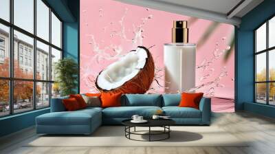 Exotic coconut pieces levitating in a serene spa setting, showcasing fresh fruit and aromatic oils for a refreshing summer essence Wall mural