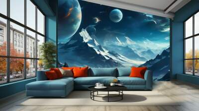 fantasy mountain landscape beneath a cosmic night sky filled with vibrant planets Wall mural