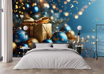 Festive Blue Background with Gifts, Ornaments, and Golden Confetti for Merry Christmas and Happy New Year Celebrations Wall mural