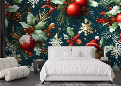 festive Christmas-themed seamless pattern featuring cheerful decorations, snowflakes, and holiday symbols Wall mural