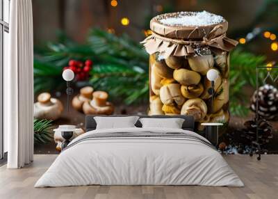 Festive Decor and Homemade Canning: Jars of Pickled Mushrooms for Holiday Treats Wall mural