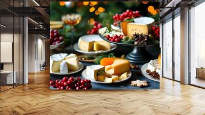 Festive holiday feast featuring an array of delectable desserts and a cheese platter adorned on a winter table for seasonal celebration and culinary joy Wall mural