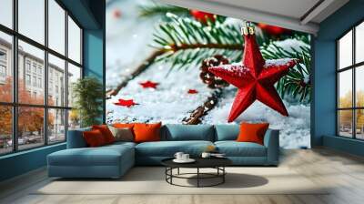 Festive holiday scene of glowing stars and pine branches adorned with red ornaments on a snowy wooden surface Wall mural