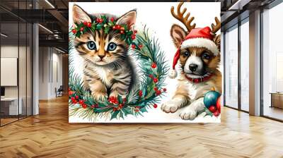 Festive Sticker Collection Featuring Kitten in Garland, Puppy in Santa Hat, Reindeer, and Christmas Decorations on Crisp White Background Wall mural