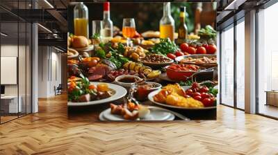 Festive table overflowing with an array of delectable dishes, inviting warmth for celebrations and leisurely brunch gatherings Wall mural