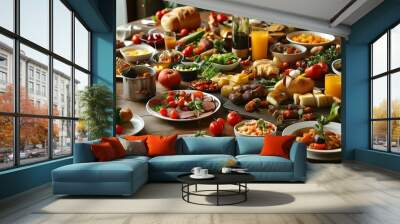 Festive table overflowing with an array of delectable dishes, inviting warmth for celebrations and leisurely brunch gatherings Wall mural