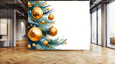 Festive watercolor illustration of a beautifully decorated Christmas tree adorned with sparkling gold ornaments, perfect for holiday greetings and postcards Wall mural