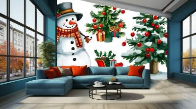 Festive watercolor sticker set featuring snowman in scarf and hat, Christmas tree with presents, holly berries, and a cheerful sleigh, celebrating the New Year. Wall mural