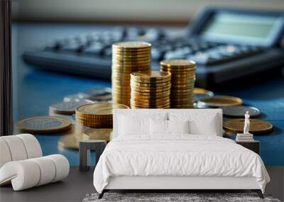 Financial planning and savings strategy with a calculator and coins on a blue table representing economy and money management Wall mural