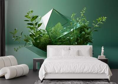 Floating geometric botanical structure with glass elements in isometric view, showcasing intricate details against a soft green gradient backdrop. Wall mural