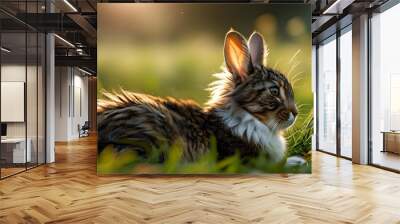 Fluffy cats resting on green grass for International Cat Day, featuring happy ginger, black, and white kitties celebrating a vibrant day on Earth Wall mural