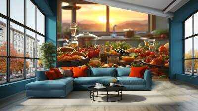 Fragrant feast on the table with a warm kitchen backdrop and gentle morning sunlight streaming in Wall mural