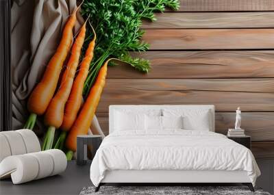 Freshly harvested carrots on rustic wooden backdrop with fabric, celebrating farm-to-table freshness and healthy eating for promotional designs Wall mural