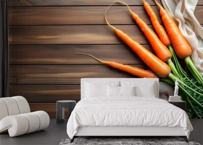 Freshly harvested carrots on rustic wooden backdrop with fabric, celebrating farm-to-table freshness and healthy eating for promotional designs Wall mural