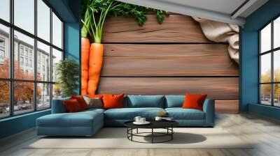 Freshly harvested carrots on rustic wooden backdrop with fabric, celebrating farm-to-table freshness and healthy eating for promotional designs Wall mural